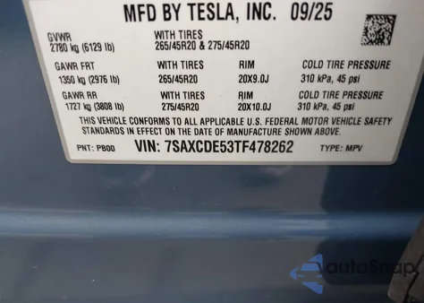 2026 Tesla Model X All-Wheel Drive from USA, damaged, VIN 7SAXCDE53TF478262